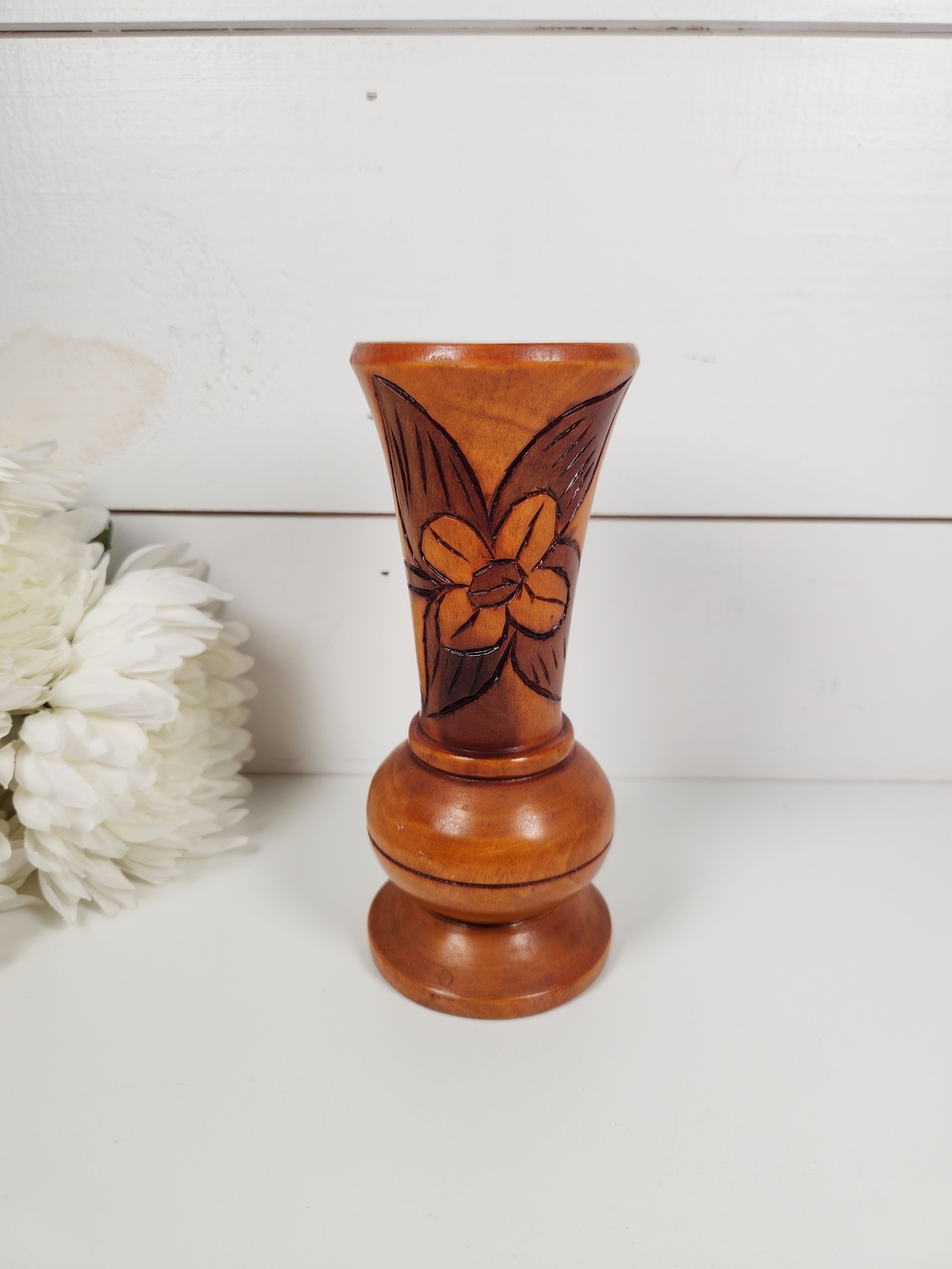 Vintage Hand Carved Wood Floral Vase 7.25"| Boho Wood Vase | Mid Century |
